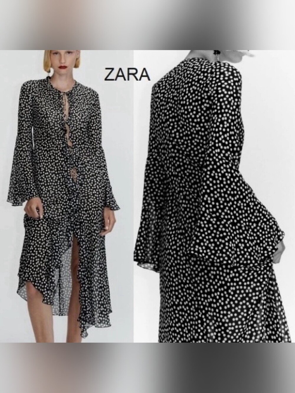 Zara NWT Polka Dot Sheer Maxi Dress Ruffle Tie Front Duster XS